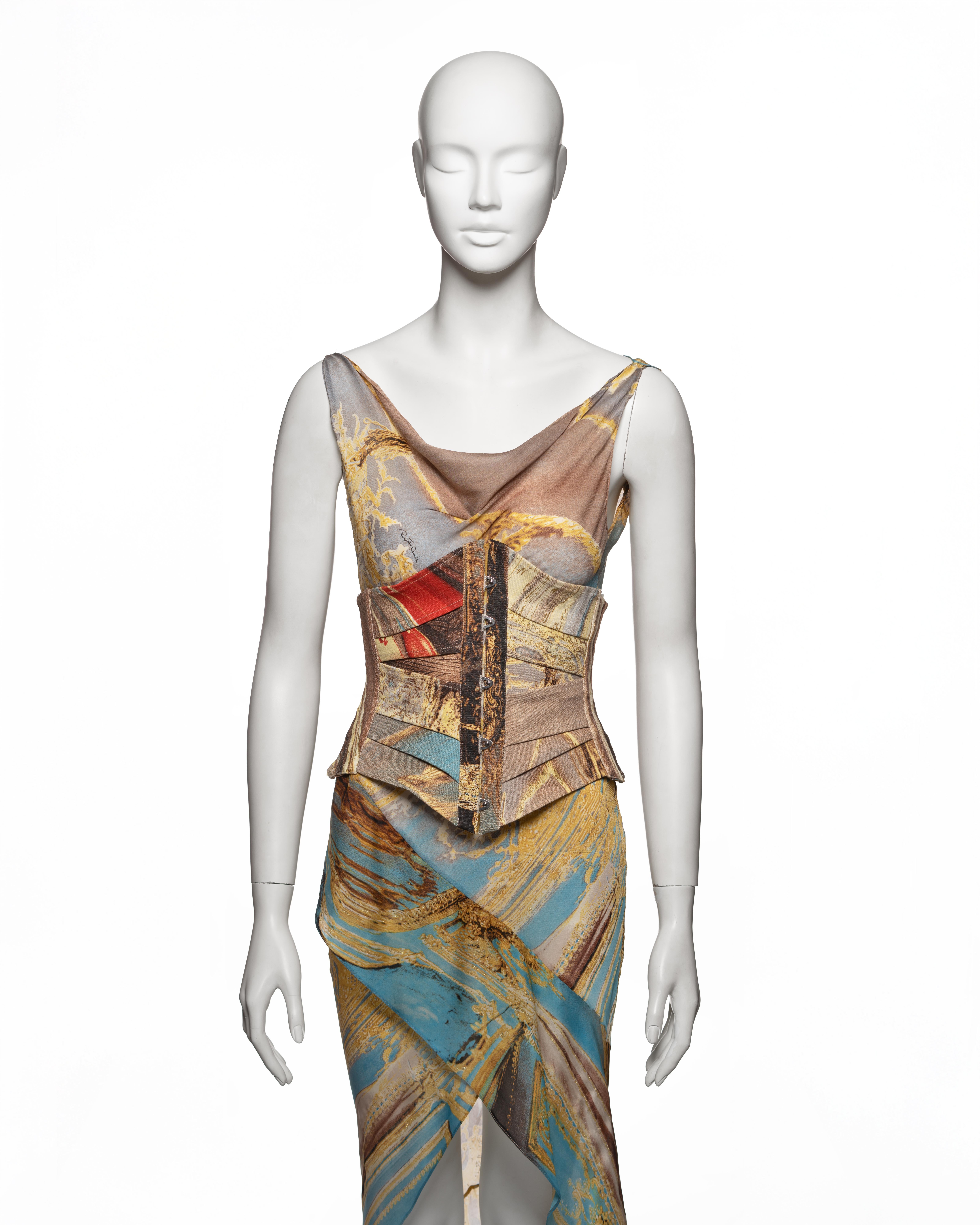 Brown Roberto Cavalli Printed Silk Evening Dress and Corset Runway Look, SS 2003 For Sale