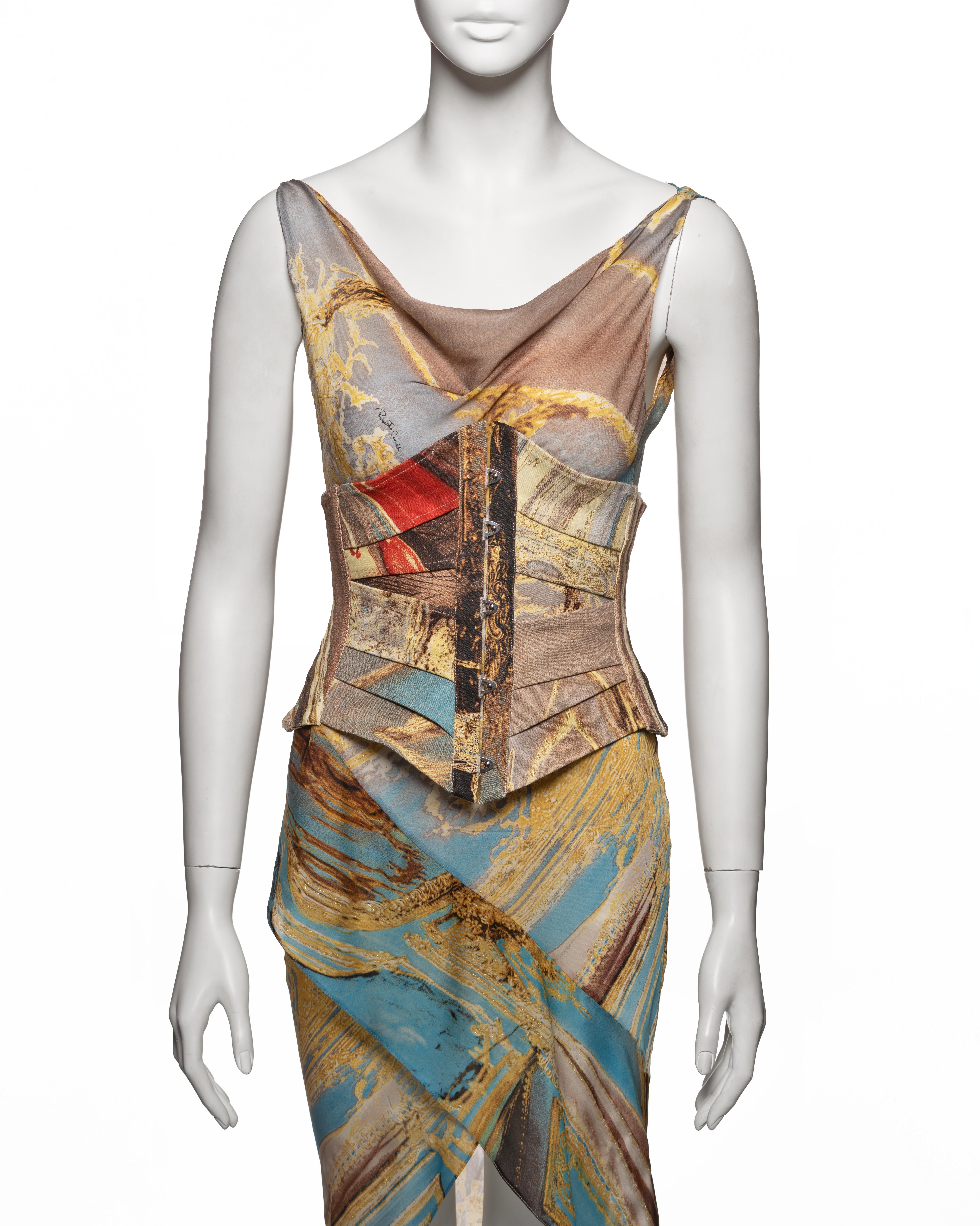Roberto Cavalli Printed Silk Evening Dress and Corset Runway Look, SS 2003 In Excellent Condition For Sale In London, GB