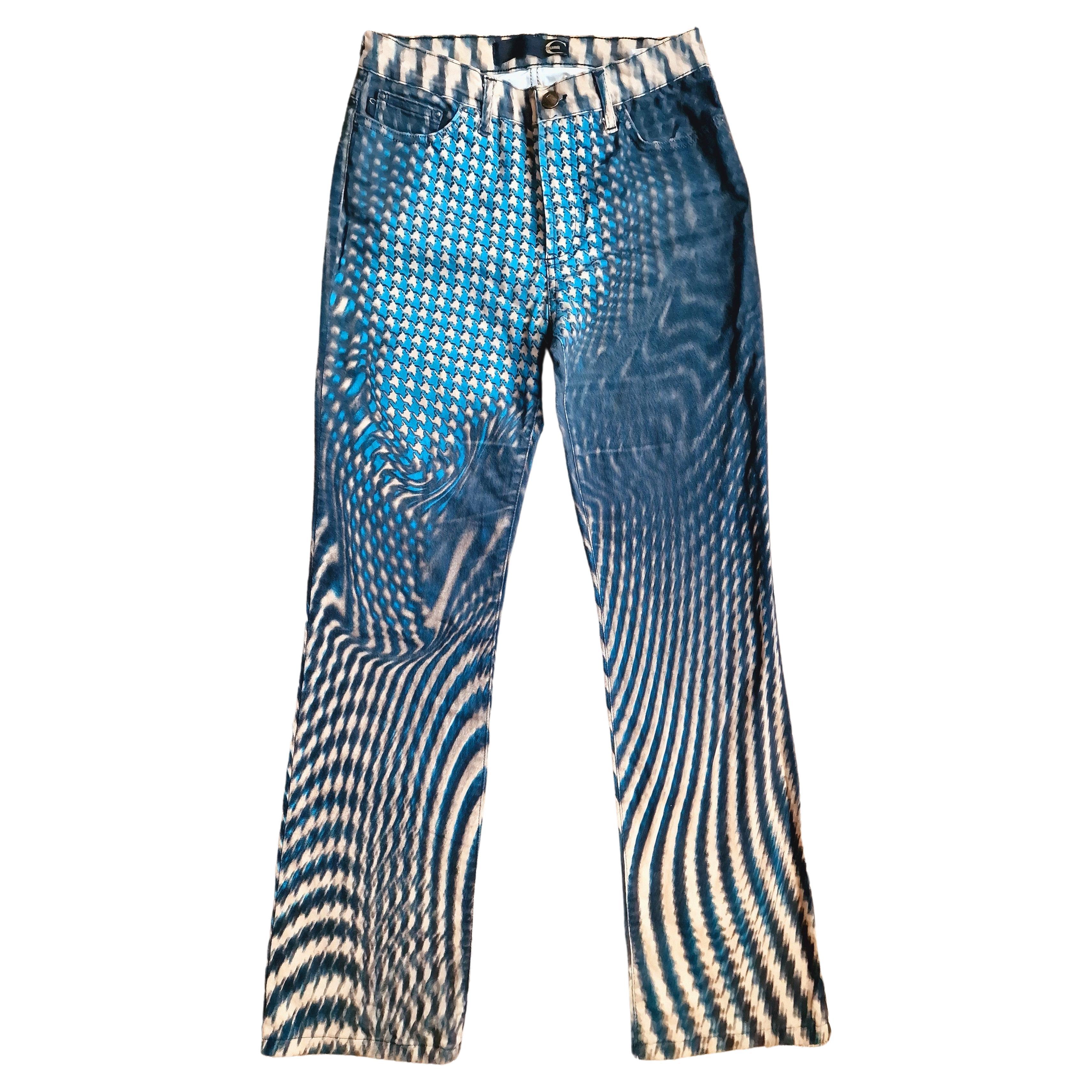 Roberto Cavalli Psychedelic Optical Illusion 90s Vintage Blue XS Small Pants For Sale