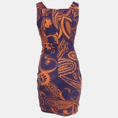 Roberto Cavalli Purple and Orange Printed Jersey Ruched Mini Dress M