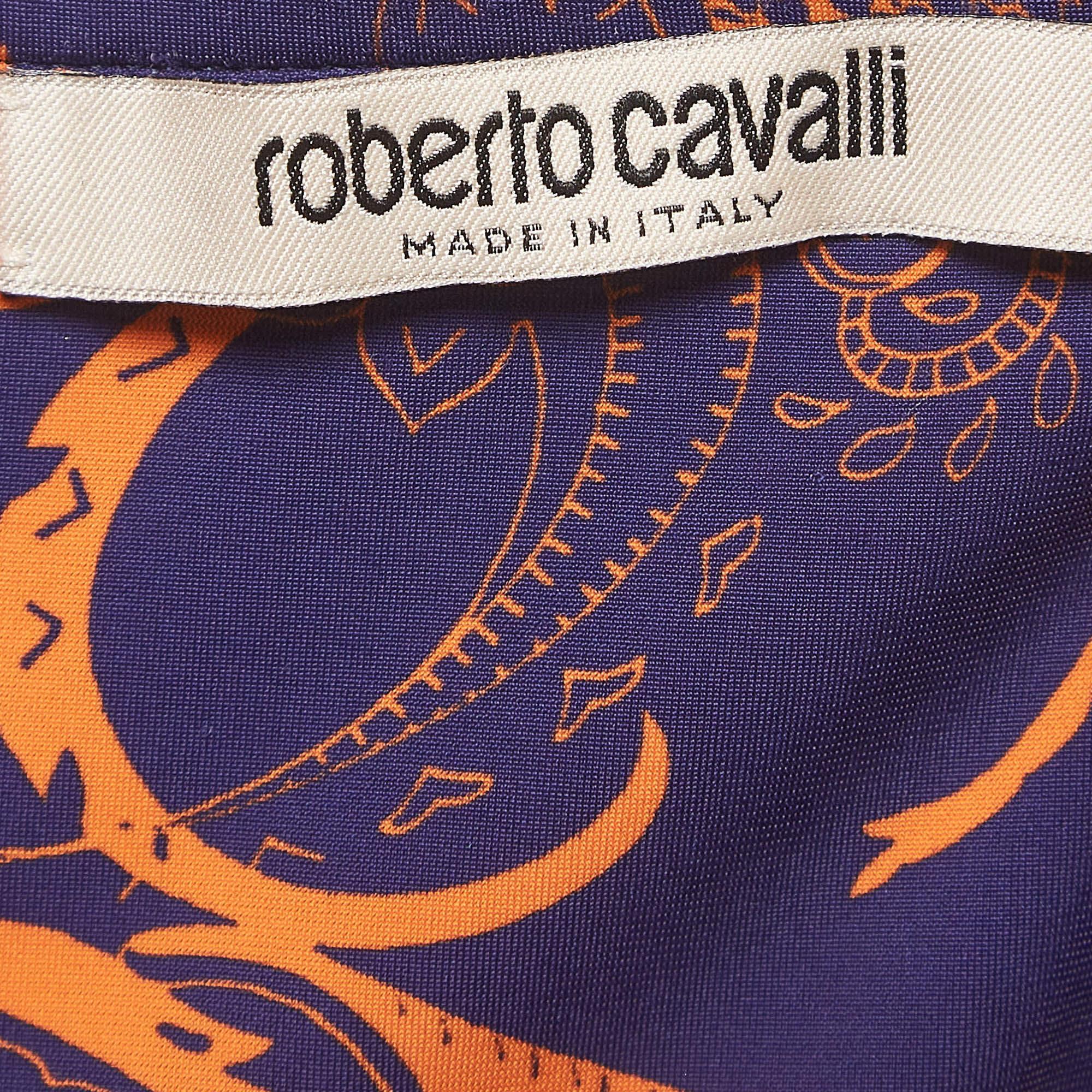 Women's Roberto Cavalli Purple and Orange Printed Jersey Ruched Mini Dress M For Sale