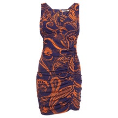 Roberto Cavalli Mini Vestido Acanalado de Punto Estampado Morado y Naranja M