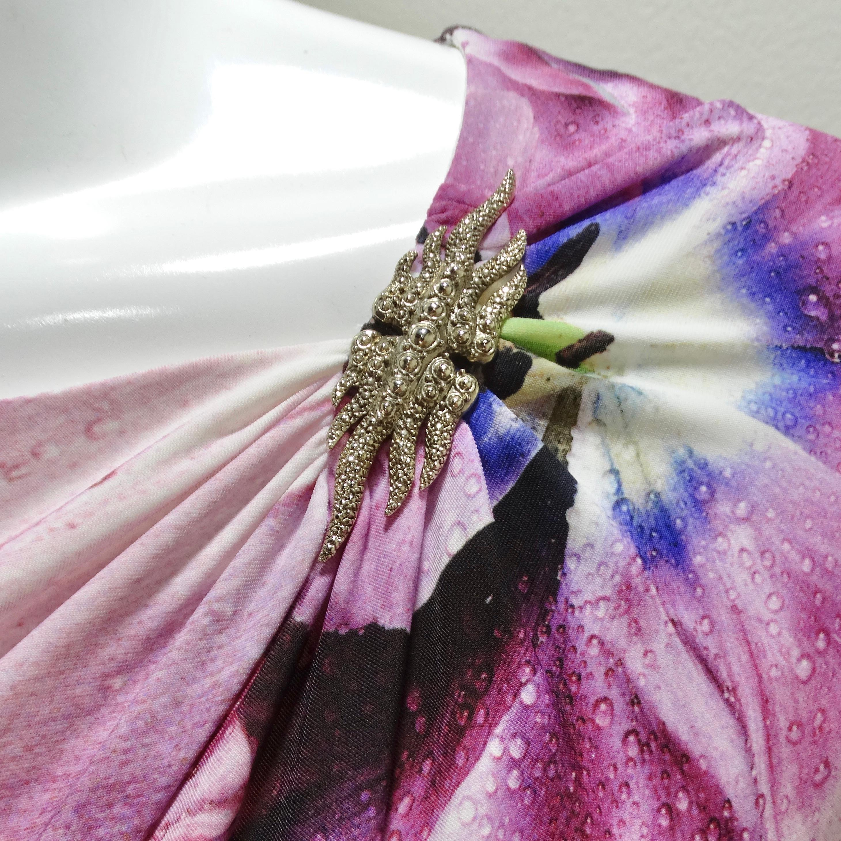 Gray Roberto Cavalli Purple Floral Print Gathered Sheath Dress