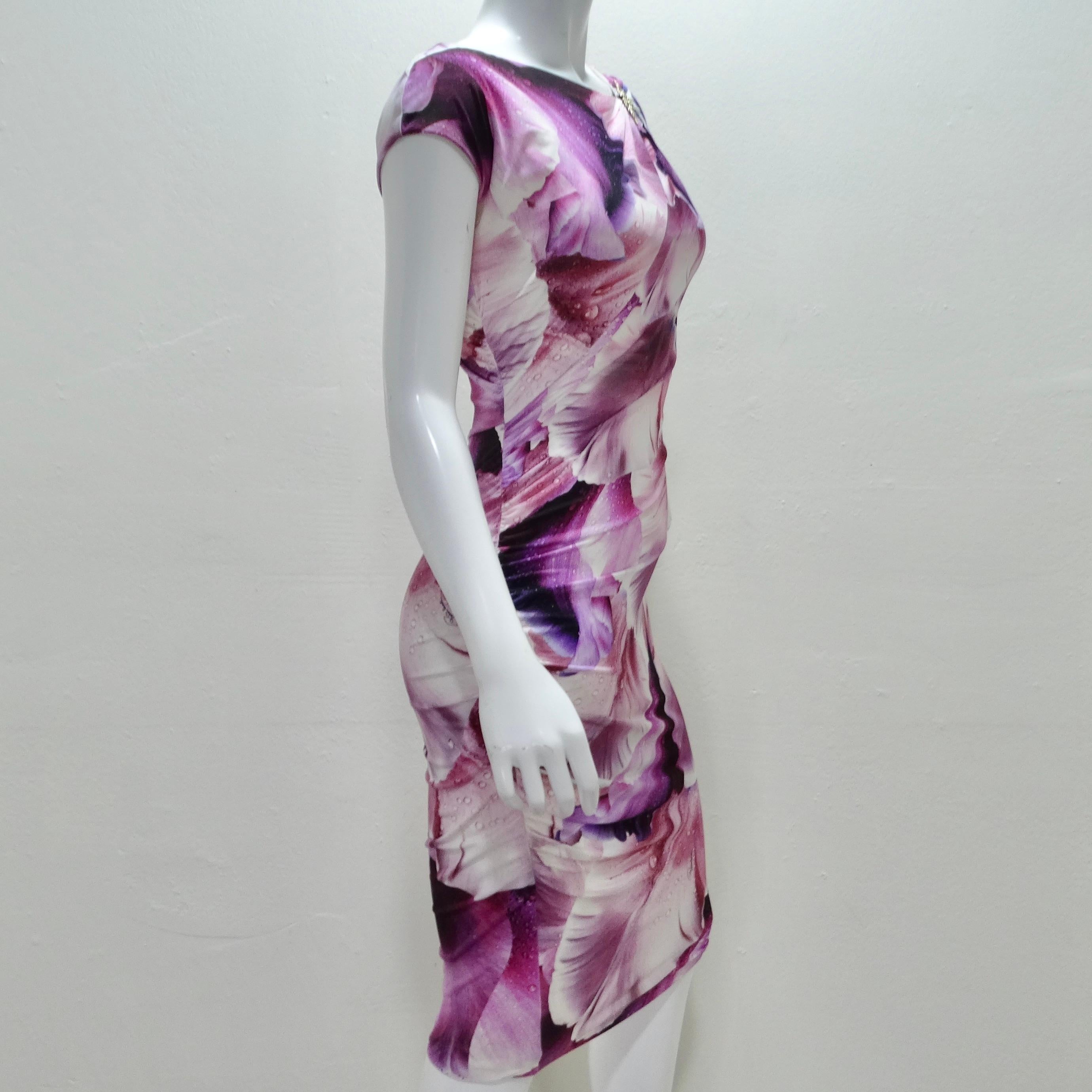 Roberto Cavalli Purple Floral Print Gathered Sheath Dress In Excellent Condition In Scottsdale, AZ
