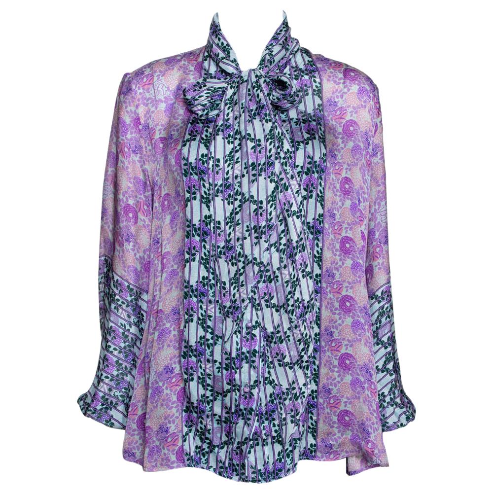 Roberto Cavalli Purple Floral Print Silk Sheer Blouse L