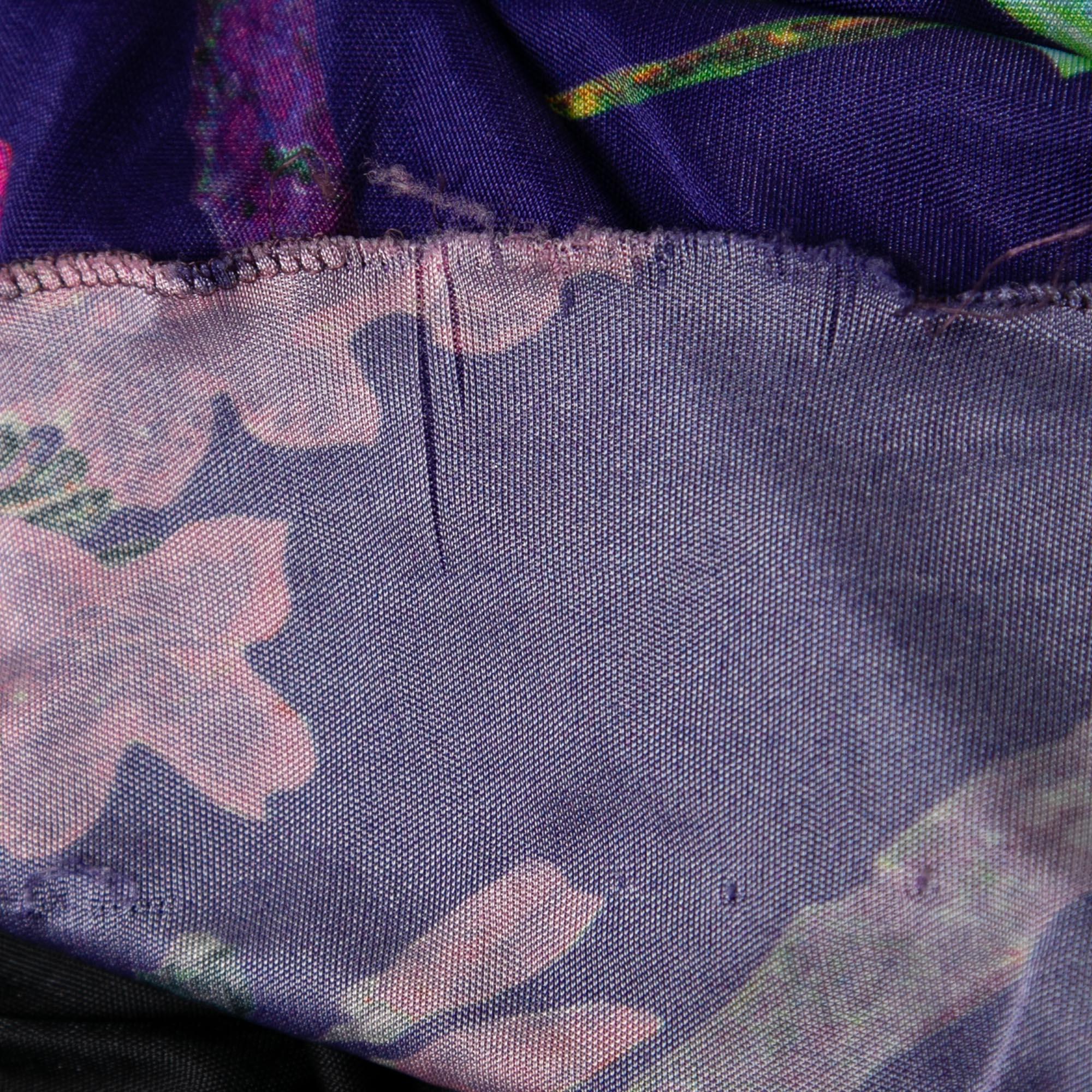 Roberto Cavalli Purple Floral Printed Jersey Side Draped Dress M 1