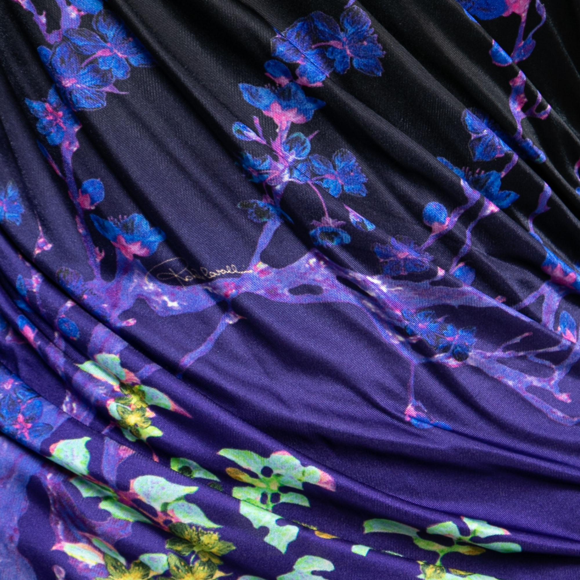 Roberto Cavalli Purple Floral Printed Jersey Side Draped Dress M 2
