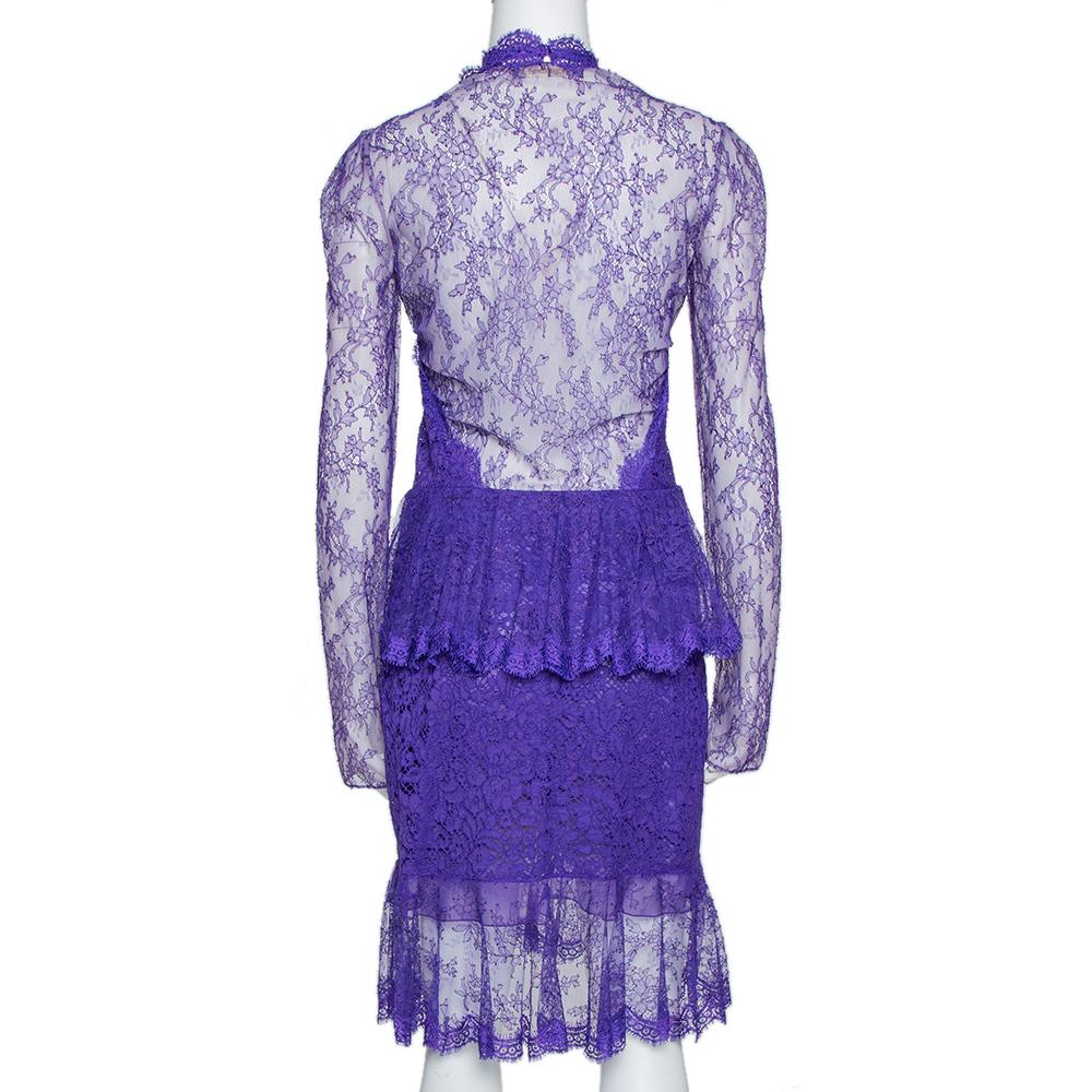 This dress from Roberto Cavalli has been designed to deliver sophistication and class. It comes in a shade of purple and features a well-tailored silhouette and a grand usage of lace. It comes with peplum detail, long sleeves and a sheer back.


