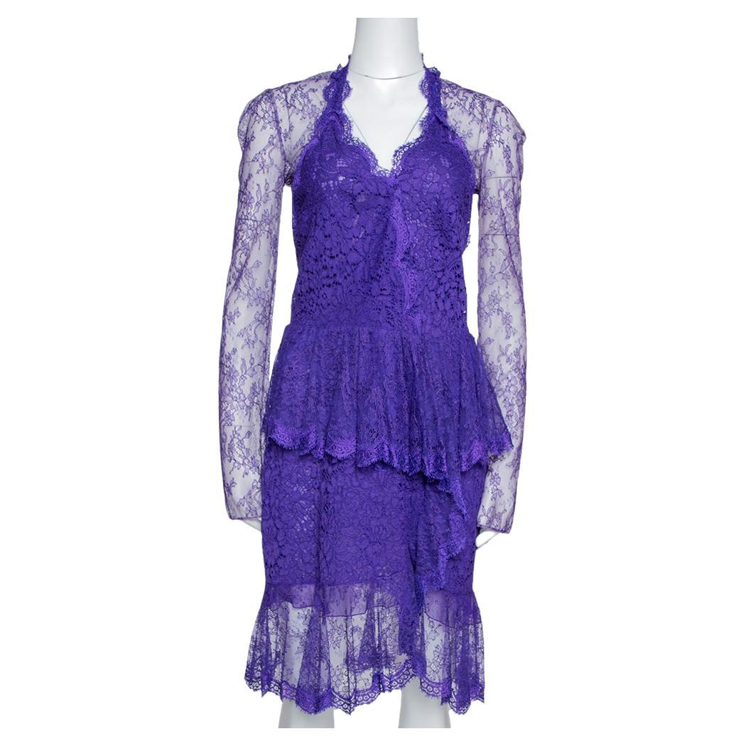 Roberto Cavalli Purple Lace Ruffled Peplum Dress M