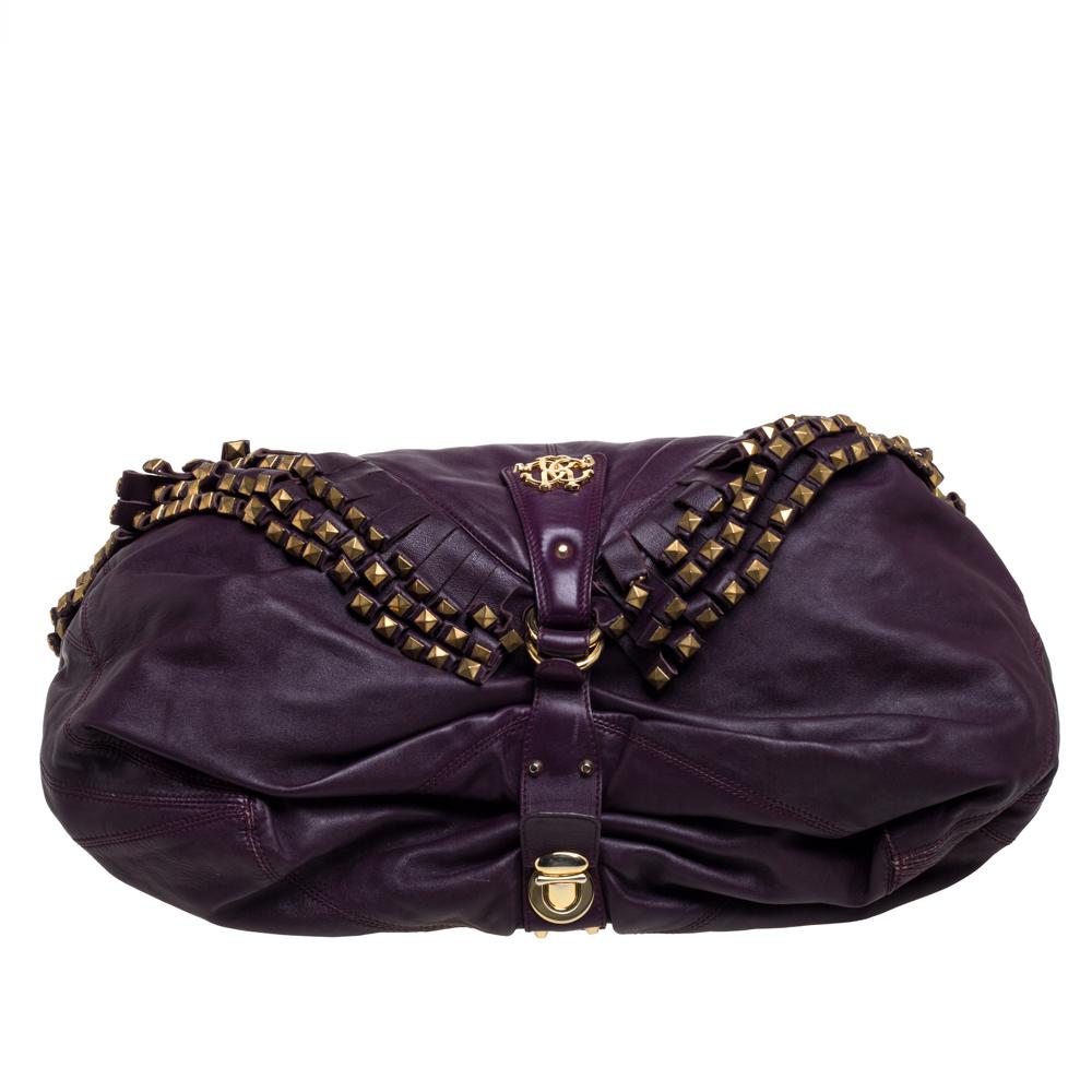 Roberto Cavalli Purple Leather Studded Fringe Hobo 7