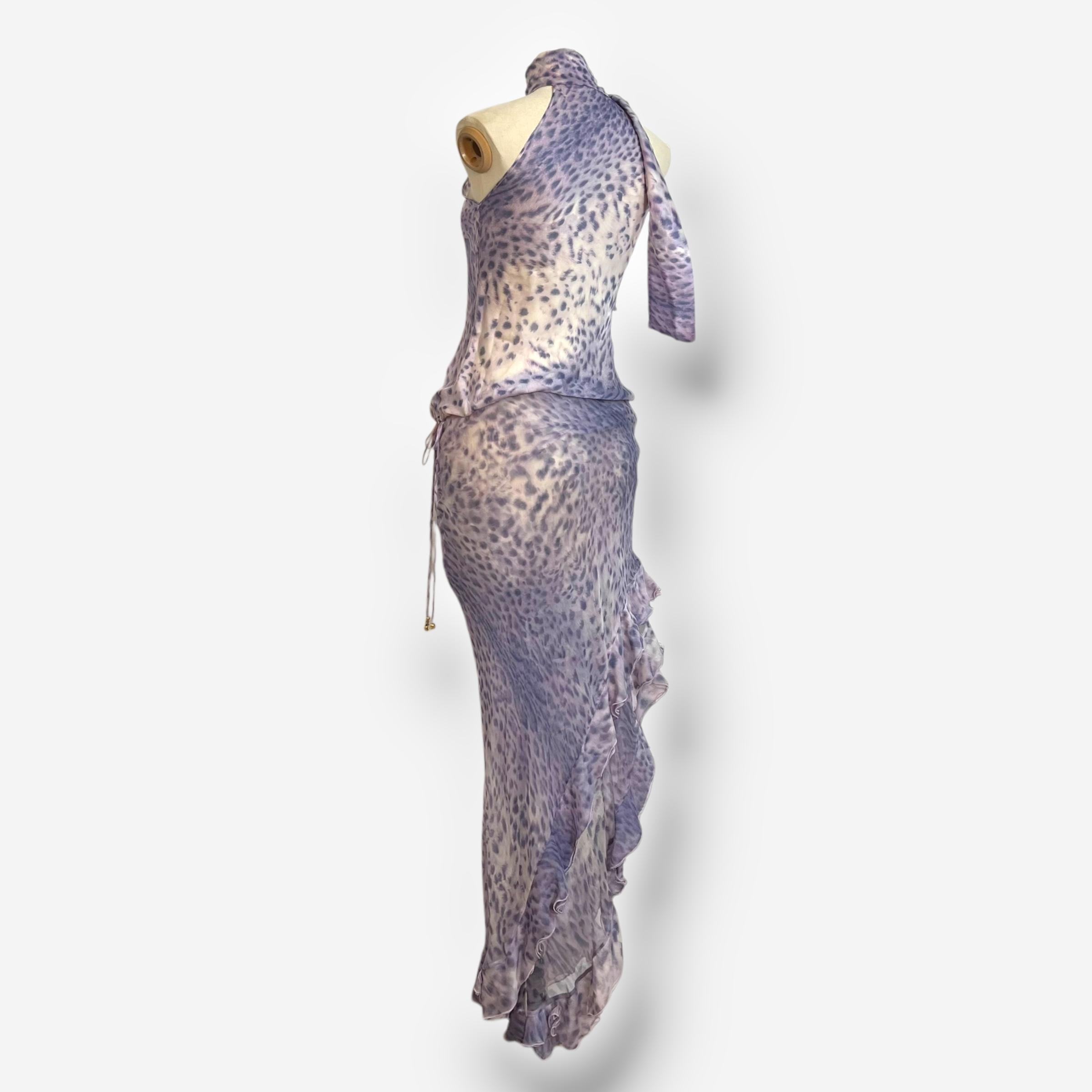Gris Roberto Cavalli, ensemble en soie violet imprimé léopard, printemps/été 2000 en vente