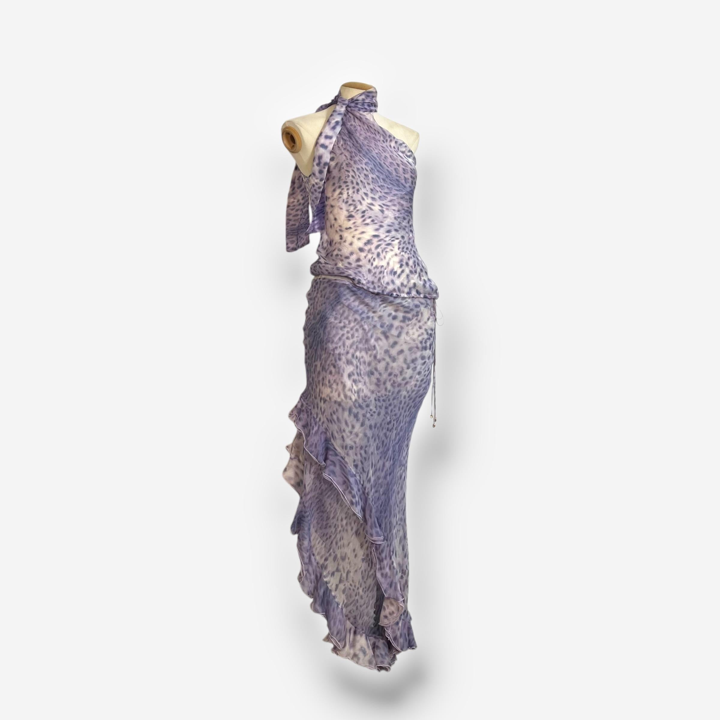 Roberto Cavalli, ensemble en soie violet imprimé léopard, printemps/été 2000 en vente 1