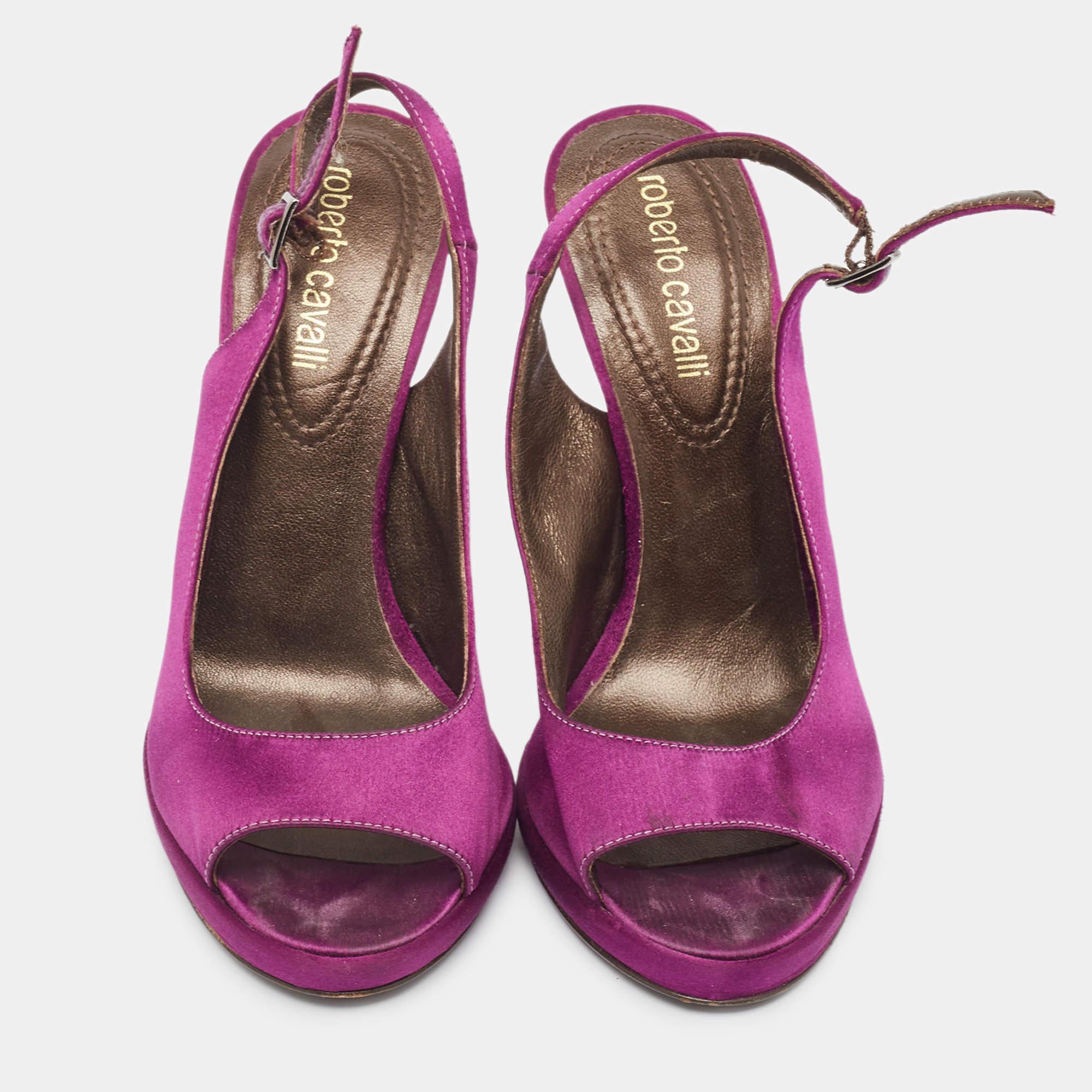 Roberto Cavalli Purple Satin Open Toe Platform Pumps Size 36 In Good Condition For Sale In Dubai, Al Qouz 2