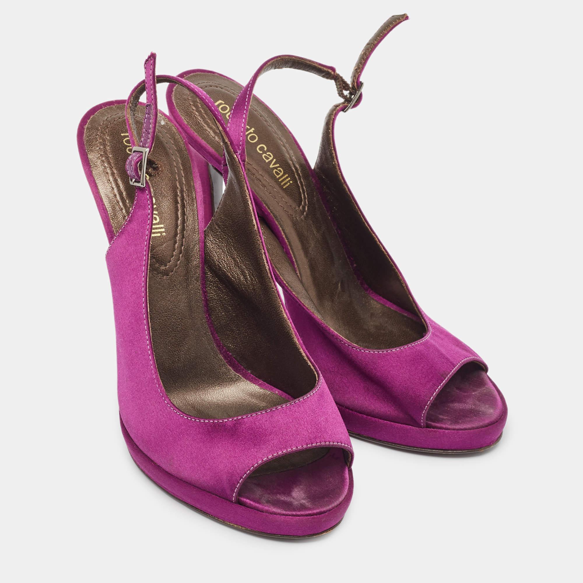 Women's Roberto Cavalli Purple Satin Open Toe Platform Pumps Size 36 For Sale