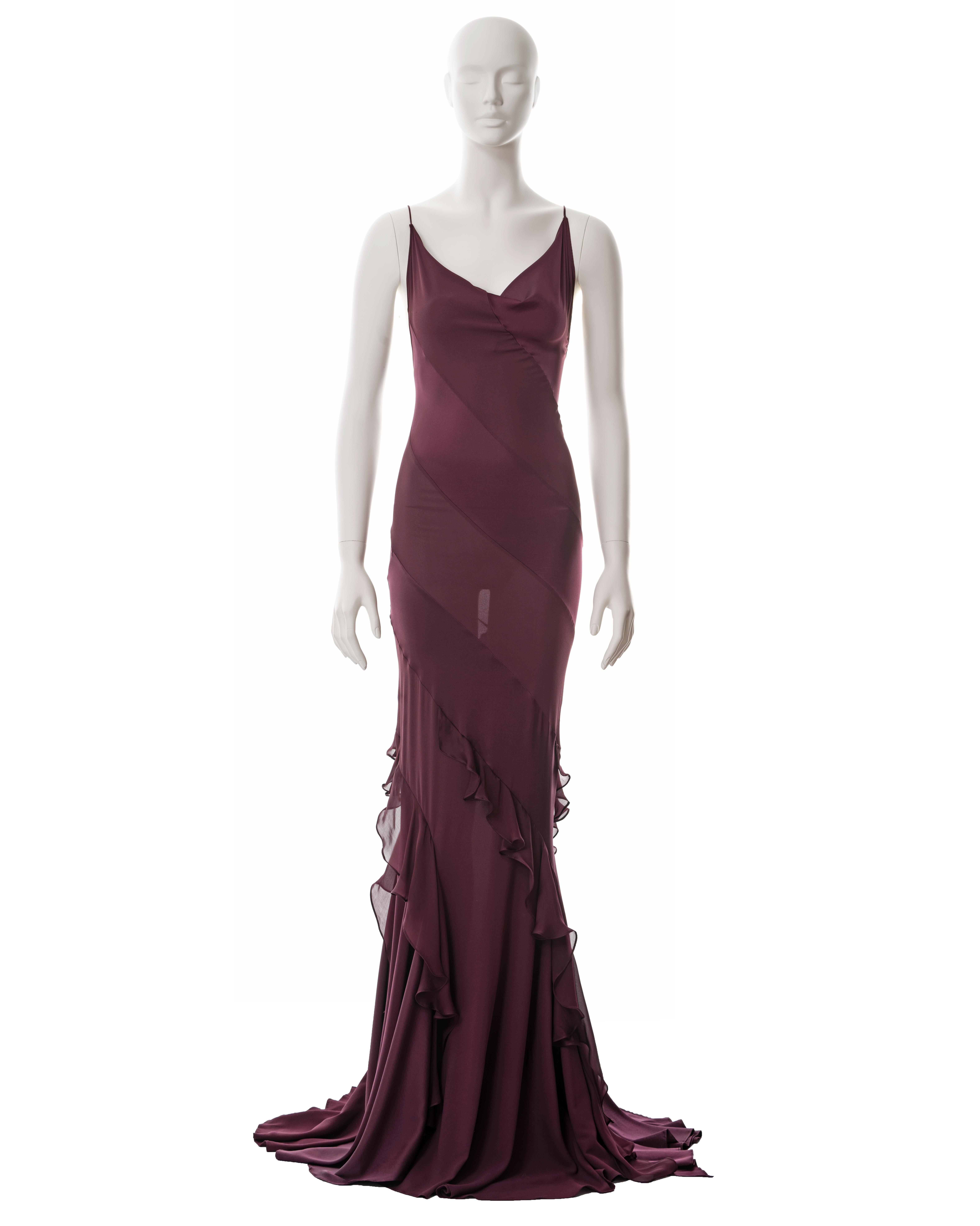 ▪ Roberto Cavalli purple bias cut evening dress
▪ Sold by One of a Kind Archive
▪ Fall-Winter 2004
▪ Cowl neck 
▪ Spaghetti straps 
▪ Silk chiffon frills 
▪ Floor-length skirt with train
▪ Size XS
▪ Made in Italy 

All photographs in this listing