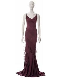 Roberto Cavalli purple silk bias cut evening dress with train, fw 2004