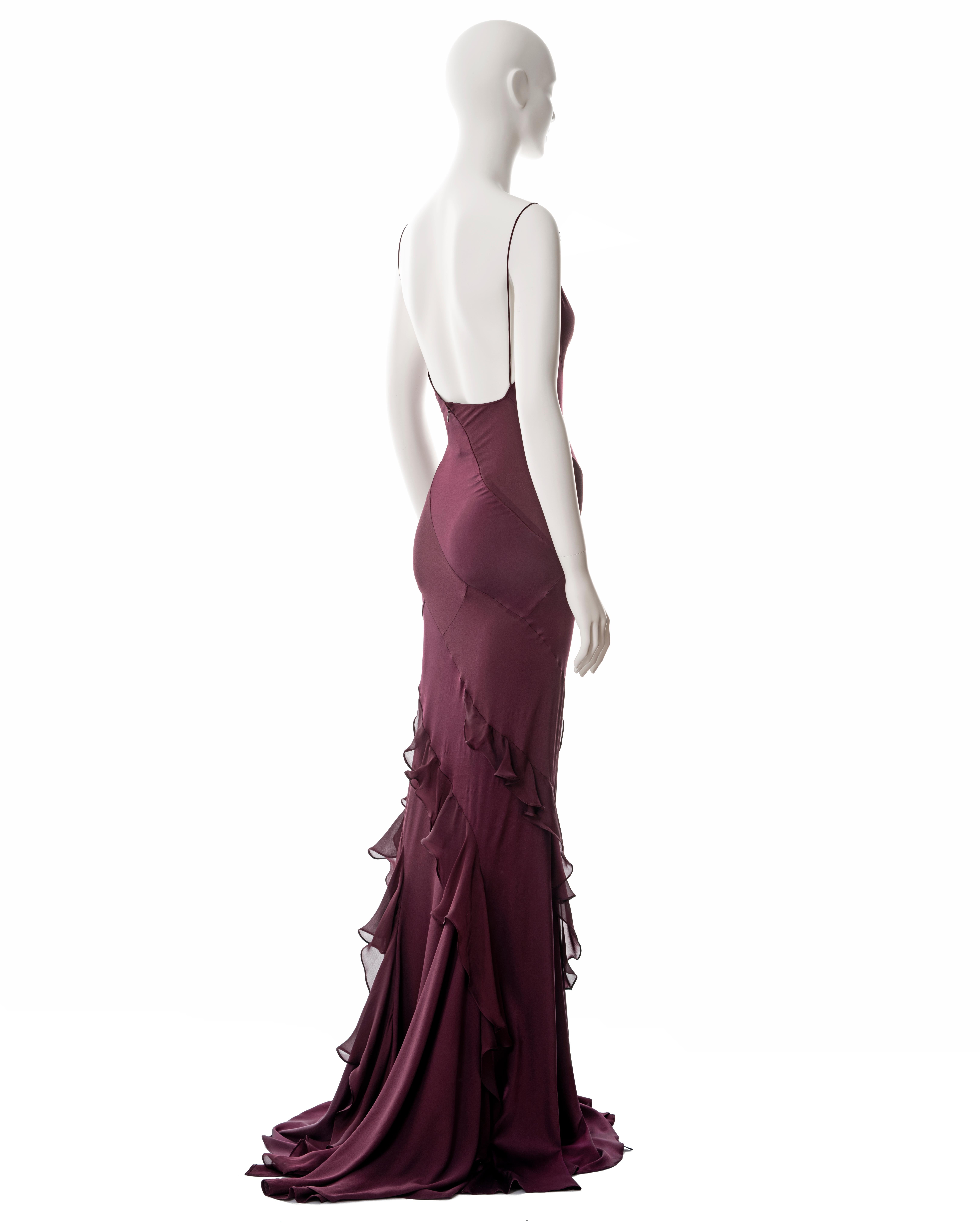 Roberto Cavalli purple silk bias cut evening dress with train, fw 2004 2