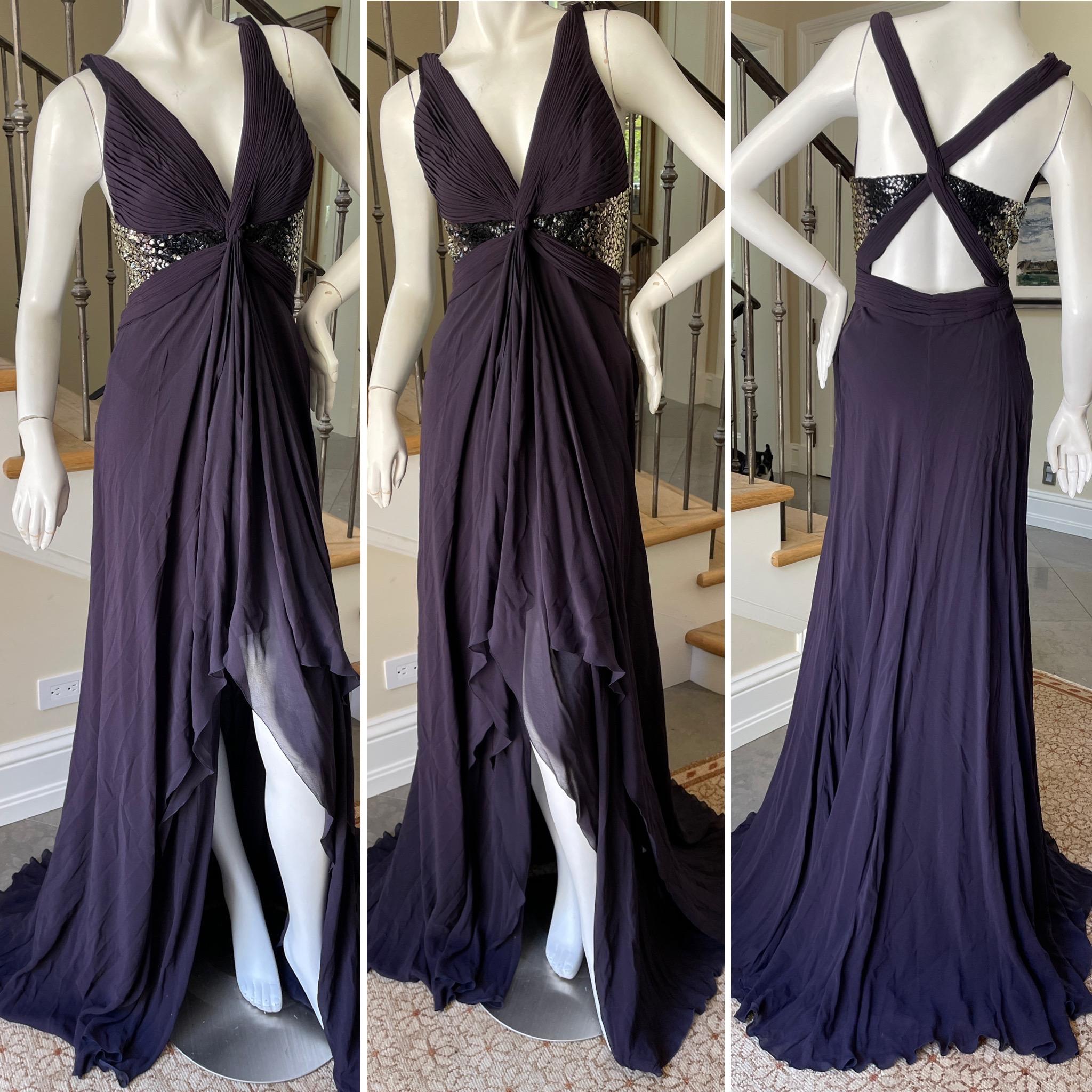 Roberto Cavalli Purple Silk Sexy Back Vintage Evening Dress with Ombre Sequins.
So pretty. Size 40
With an inner body suit
 Bust 34