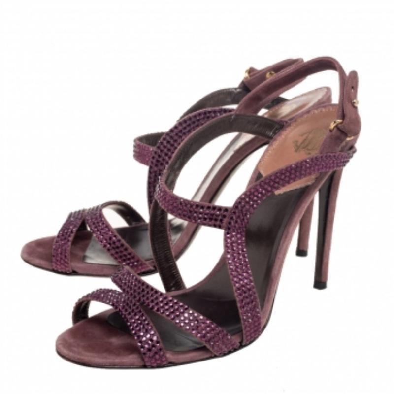 Noir Roberto Cavalli - Sandales à lanières en daim violet ornées de cristaux, taille 40 en vente
