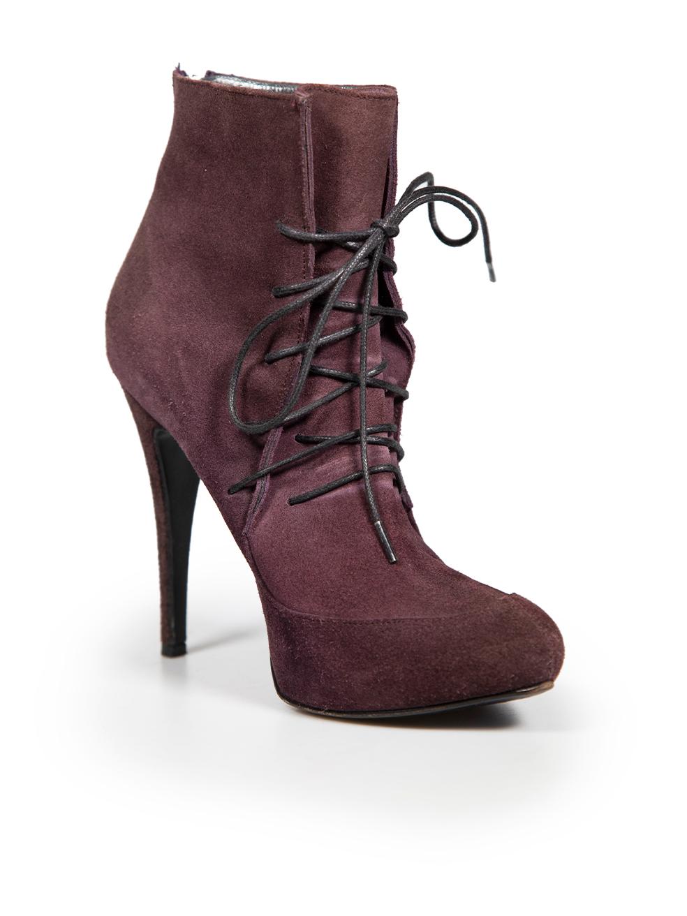 CONDITION is Very good. Minimal wear to boots is evident. Minimal wear to suede uppers and suede heels on this used Roberto Cavalli designer resale item.
 
 
 
 Details
 
 
 Purple
 
 Suede
 
 Ankle boots
 
 Pointed toe
 
 High heel
 
 Lace up