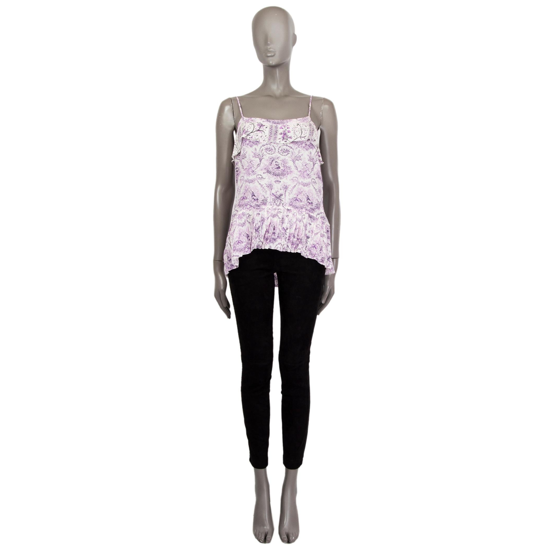 100% authentic Roberto Cavalli porcelain-print ruffled tank-top in white, purple and black silk (100%) with spaghetti straps. Closes with zipper on the side. Unlined. Has been worn and is in excellent condition. 

Measurements
Tag