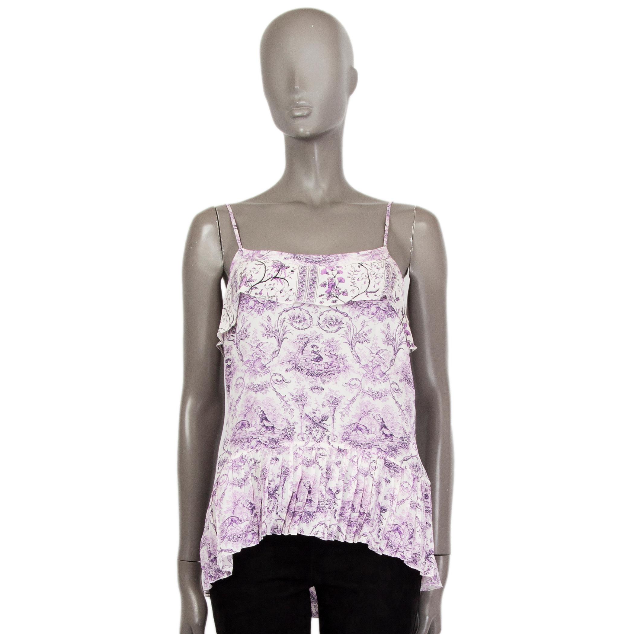 ROBERTO CAVALLI purple & white silk PORCELAIN PRINT RUFFLED Tank Top Shirt 40 S In Excellent Condition For Sale In Zürich, CH