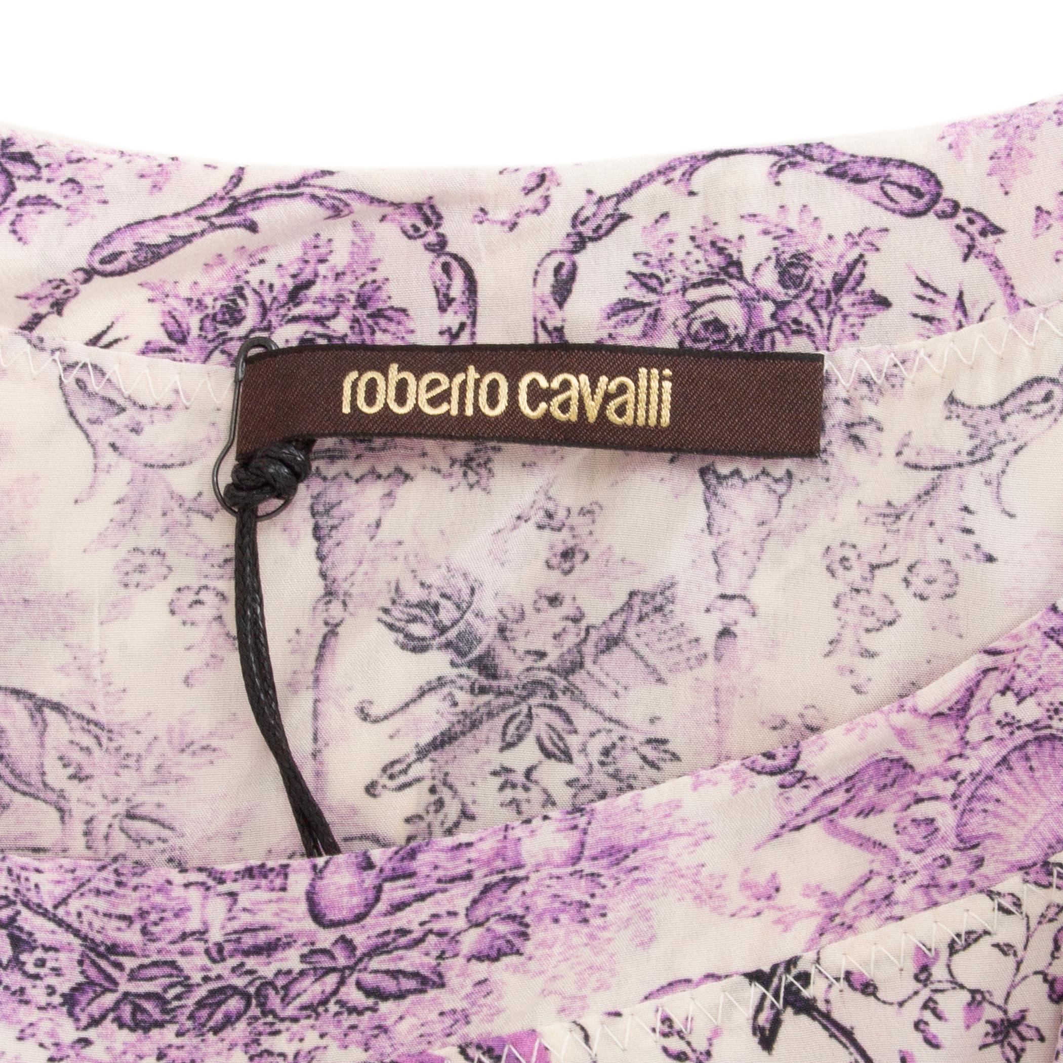 Women's ROBERTO CAVALLI purple & white silk PORCELAIN PRINT RUFFLED Tank Top Shirt 40 S For Sale