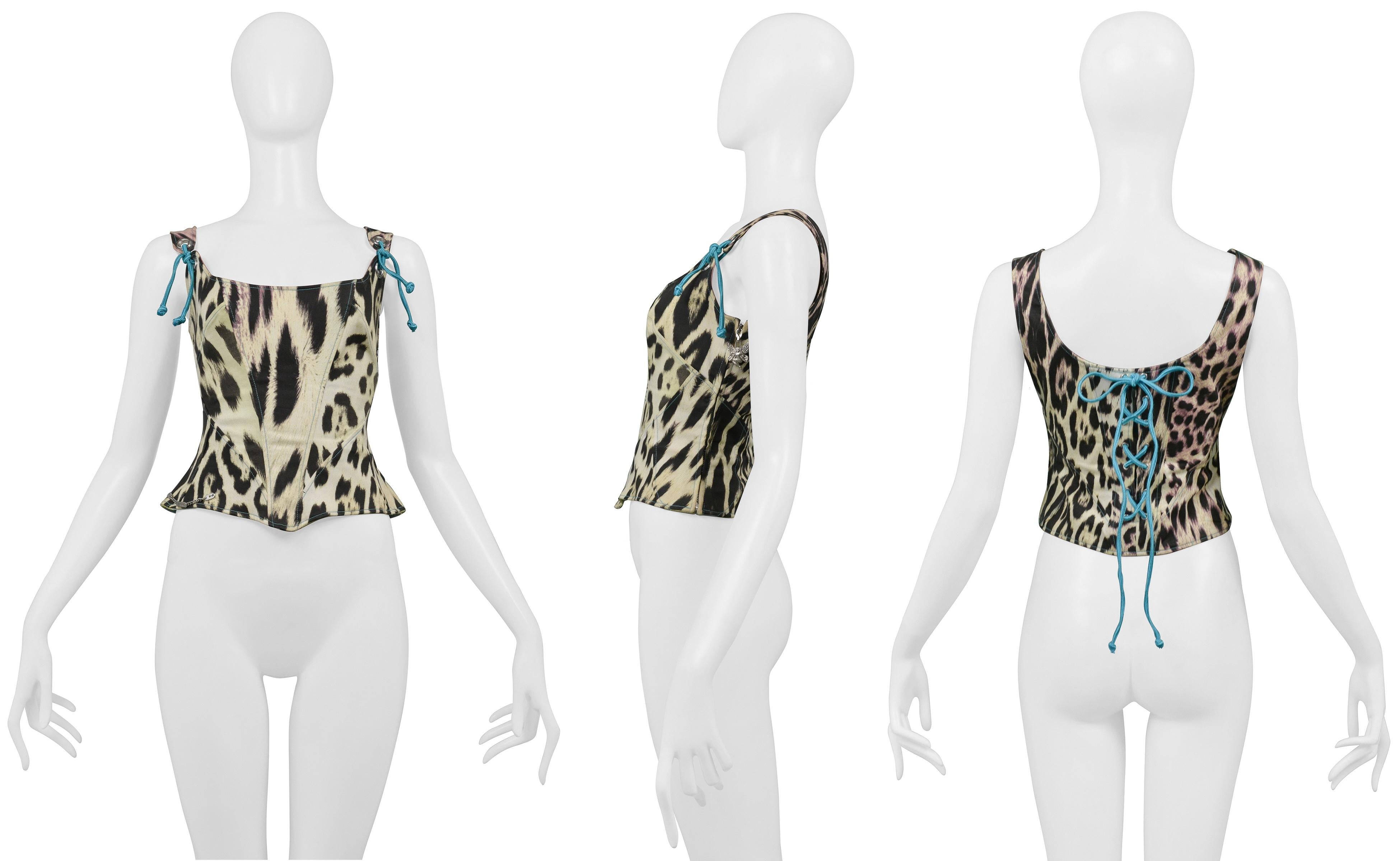 Resurrection Vintage is excited to present a vintage Roberto Cavalli rainbow leopard print corset top featuring blue cording ties, blue stitching, and a fairy zipper pull.

Roberto Cavalli
Size: 40
Fabric: 97% Cotton, 3% Other Fibers

Excellent