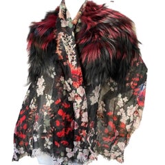 Roberto Cavalli Rare Floral Cashmere Wrap/Scarf with Black/Red Fox Fur Trim