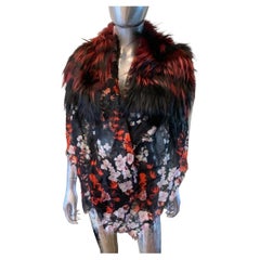 Roberto Cavalli Rare Floral Cashmere Wrap/Scarf with Black/Red Fox Fur Trim