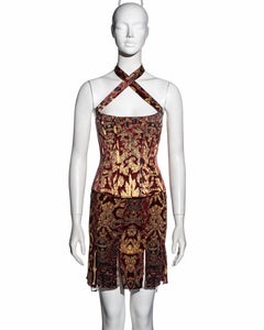 Roberto Cavalli red and gold brocade-print silk corset and skirt set, fw 2004