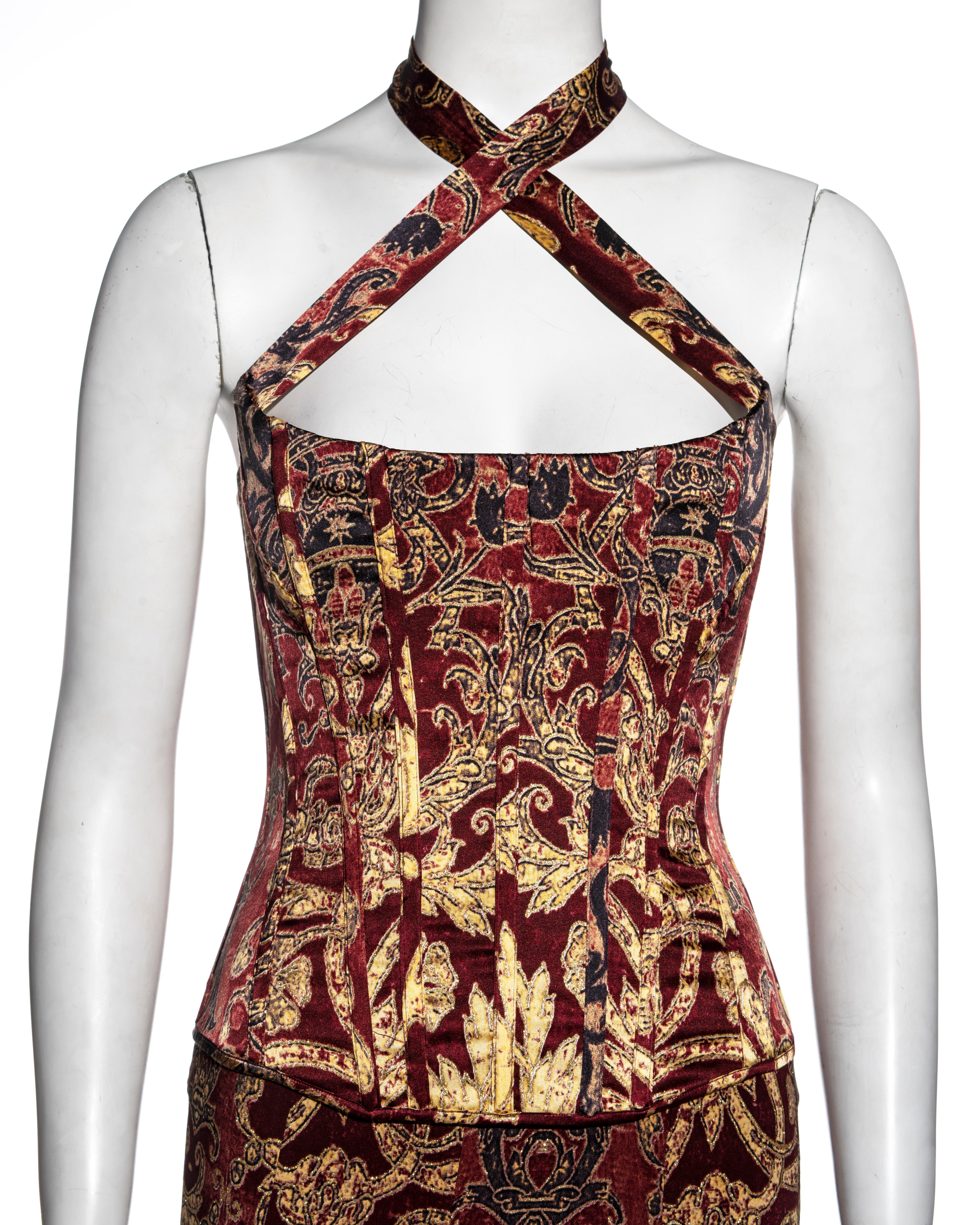 Marron Ensemble corset et jupe en soie imprimé brocart rouge et or Roberto Cavalli, A/H 2004 en vente