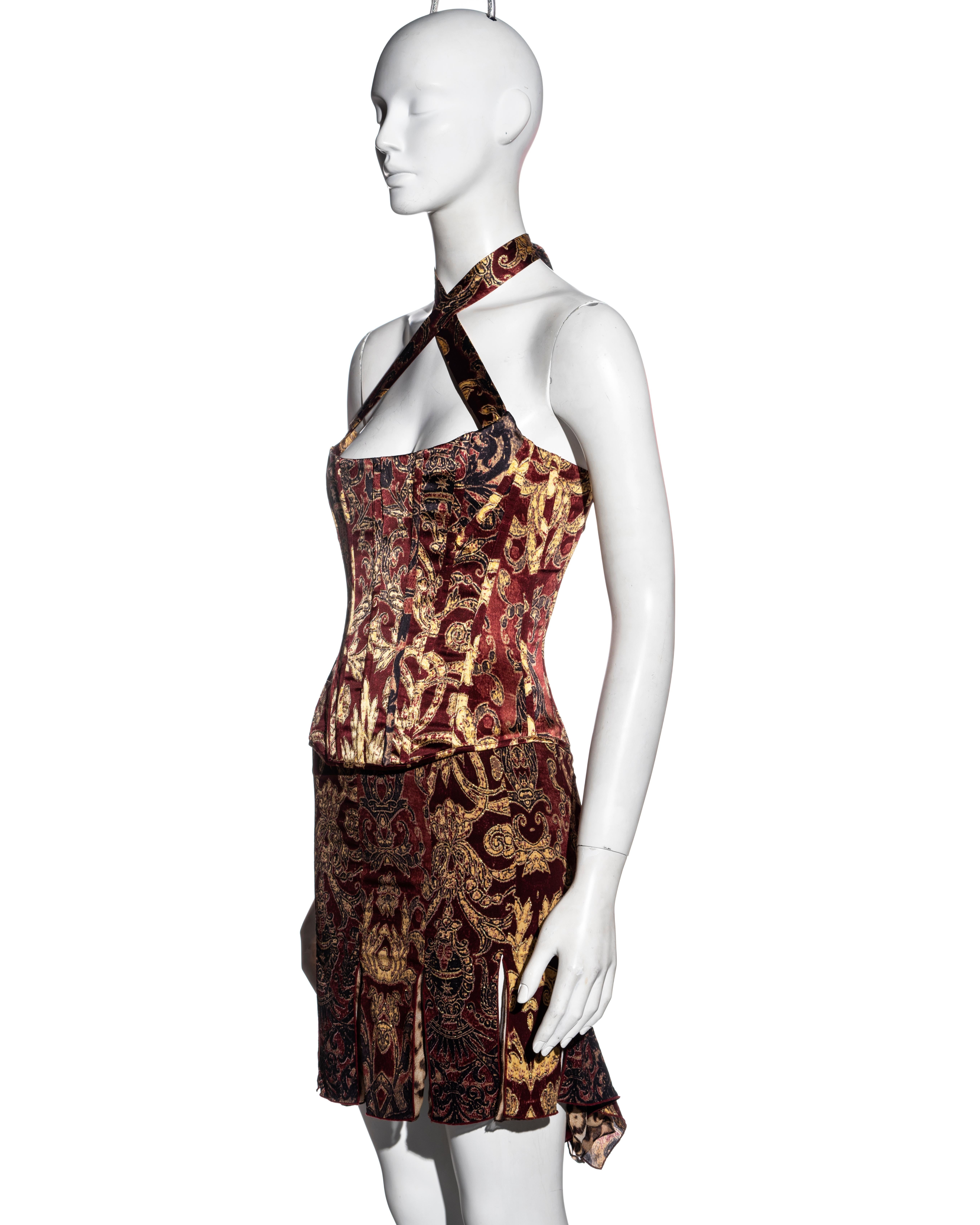 Roberto Cavalli Korsett und Rock aus Seide mit rotem und goldenem Brokatdruck und Brokatdruck, H/W 2004 Damen im Angebot