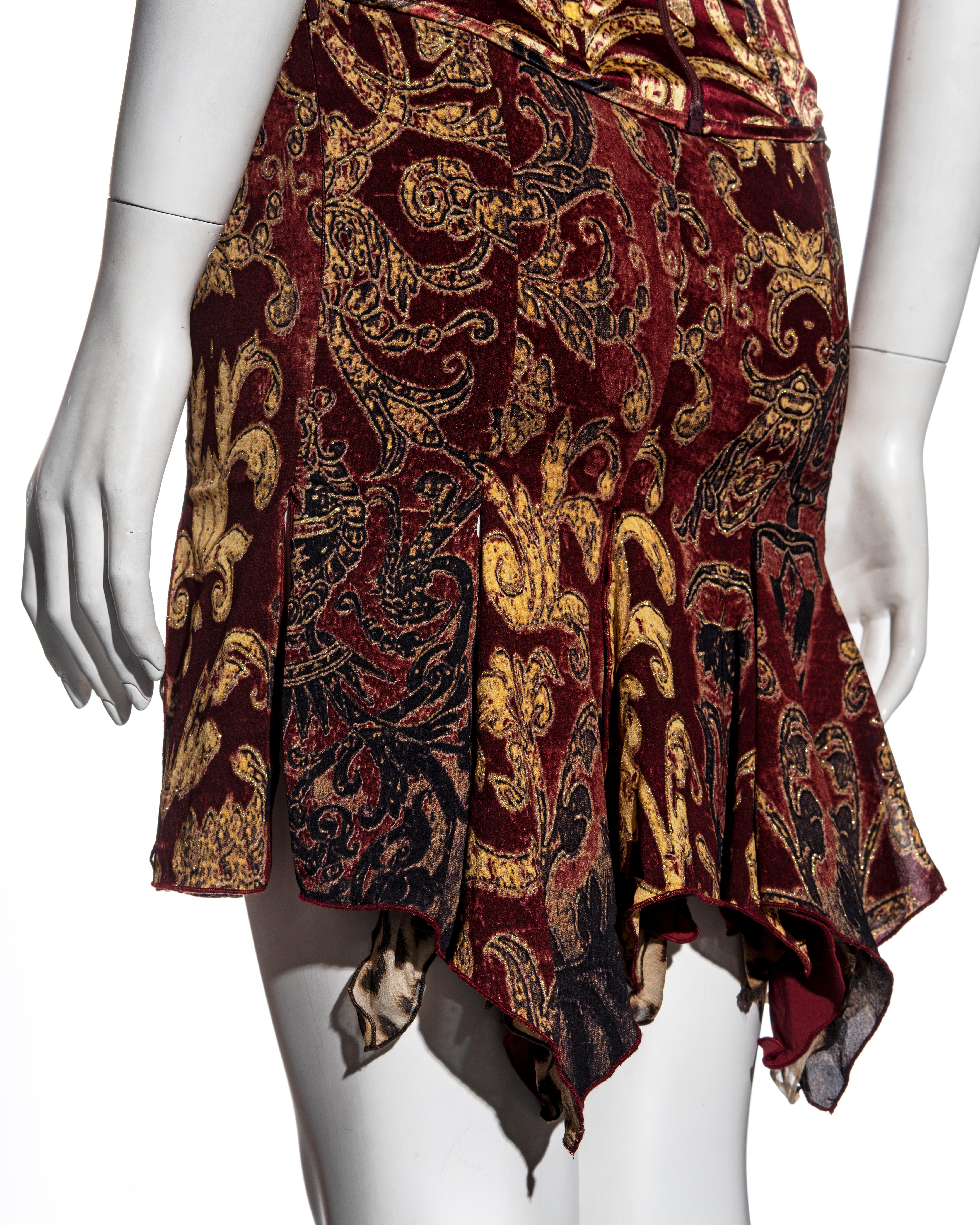 Women's Roberto Cavalli red and gold brocade-print silk corset and skirt set, fw 2004 For Sale