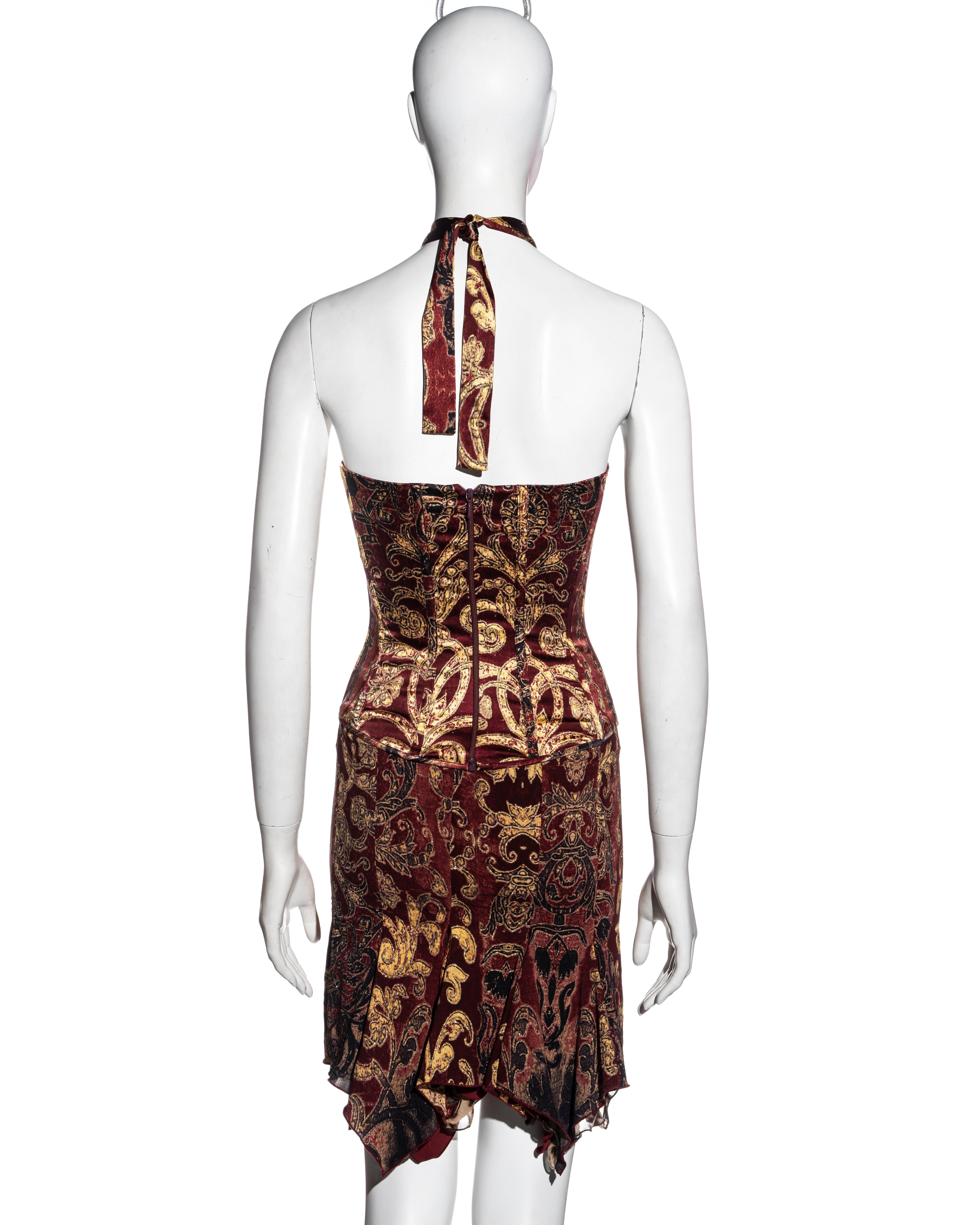 Roberto Cavalli red and gold brocade-print silk corset and skirt set, fw 2004 For Sale 1