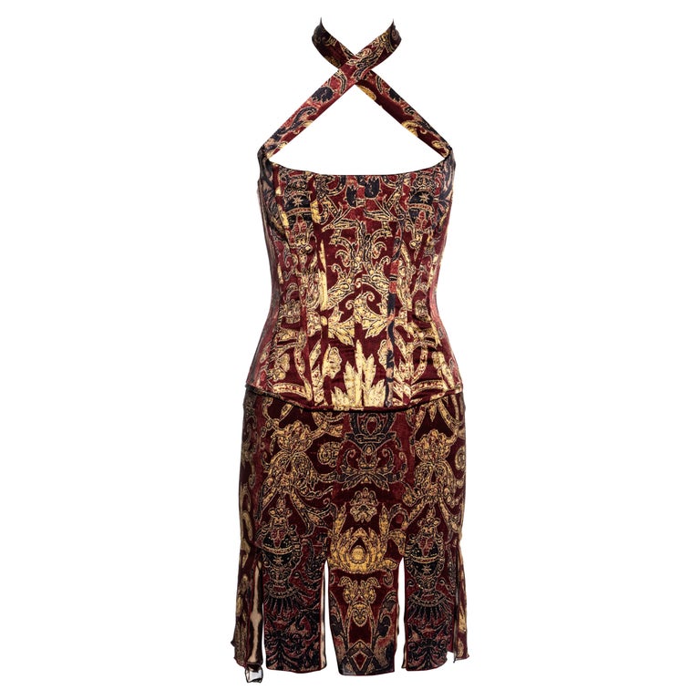 Roberto Cavalli red and gold brocade-print silk corset and skirt set, fw  2004 at 1stDibs | red and gold skirt, roberto cavalli red corset dress, roberto  cavalli 2004