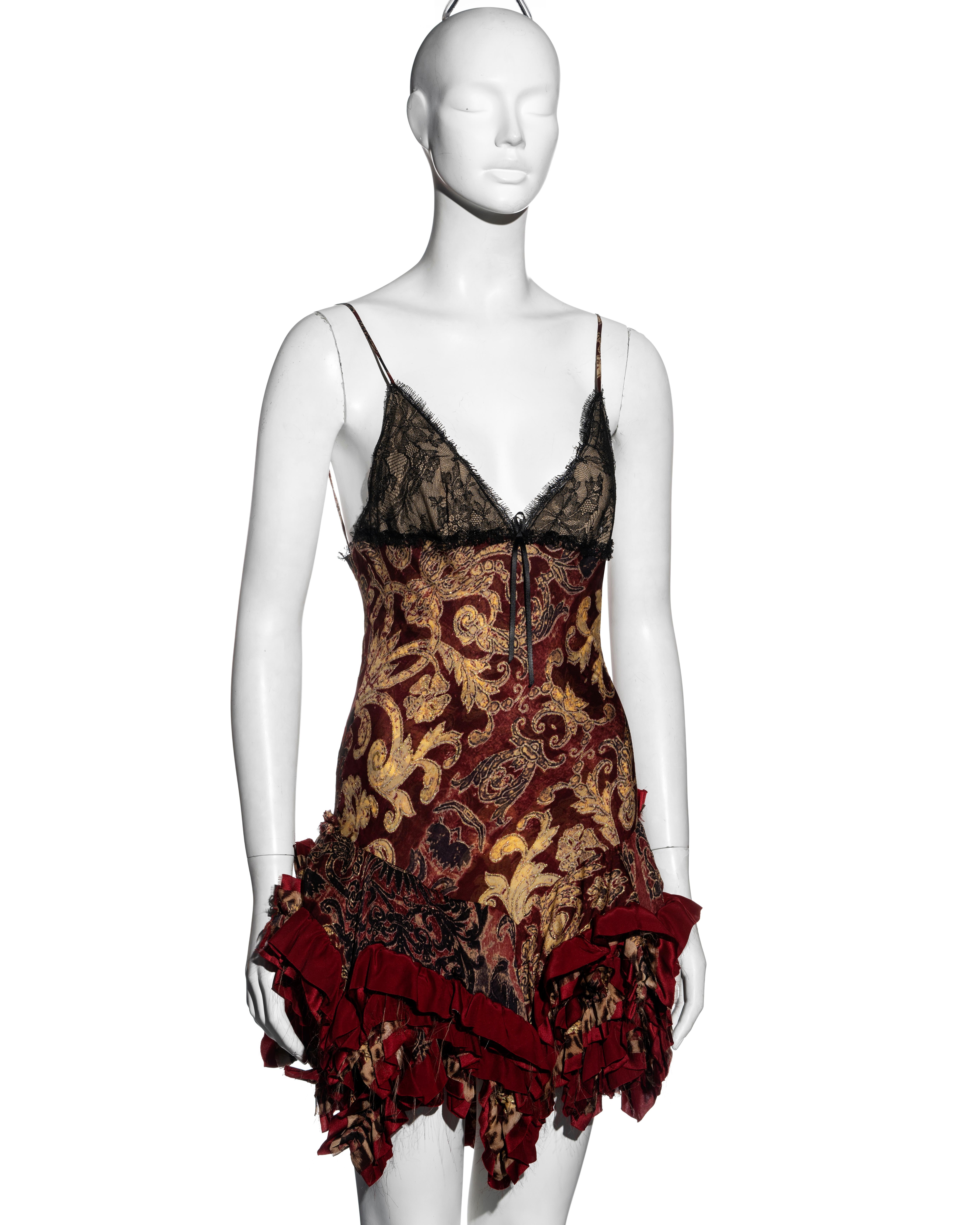 Brown Roberto Cavalli red and gold brocade-print silk evening slip dress, fw 2004 For Sale