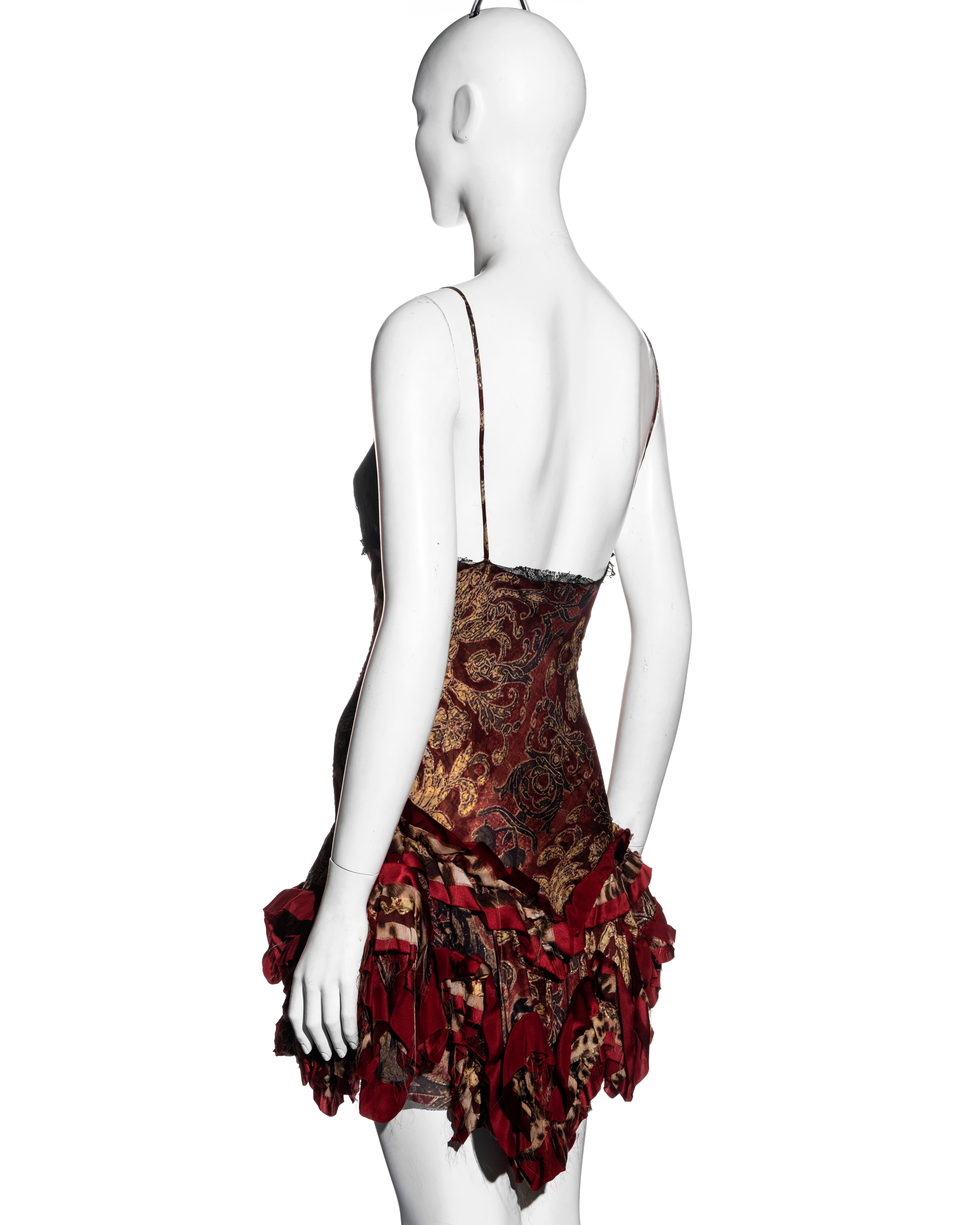 Women's Roberto Cavalli red and gold brocade-print silk evening slip dress, fw 2004 For Sale