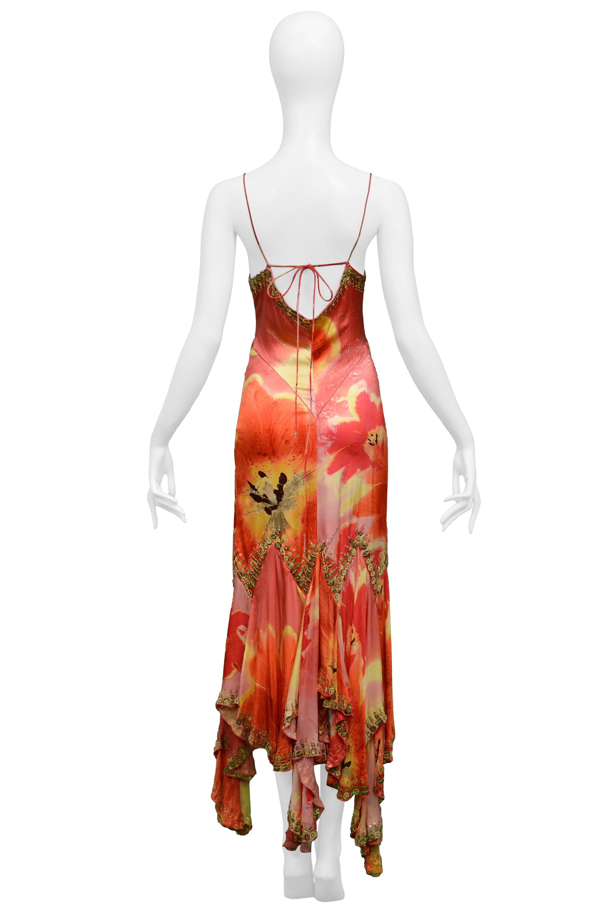 Orange Roberto Cavalli Red And Pink Slip Dress With Gold Paillettes