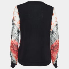Roberto Cavalli Red/Black Floral Print Silk and Knit Buttoned Cardigan M
