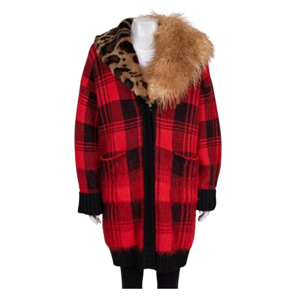Roberto Cavalli – Rot karierte Strickjacke aus Wolle und Mohair, Größe 40/S im Angebot