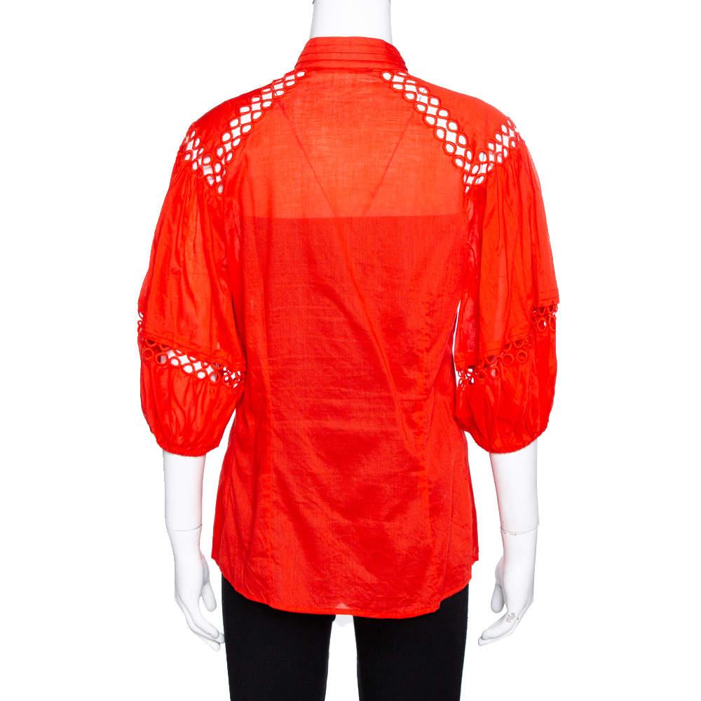 Rosso Roberto Cavalli Red Cotton Eyelet Lace Detail Blouse M