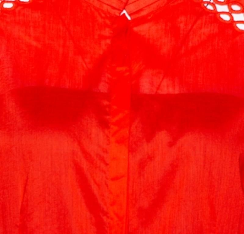 Roberto Cavalli Red Cotton Eyelet Lace Detail Blouse M en venta 3