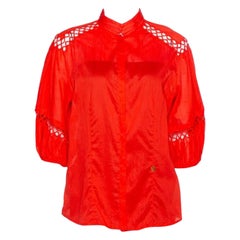 Roberto Cavalli Red Cotton Eyelet Lace Detail Blouse M