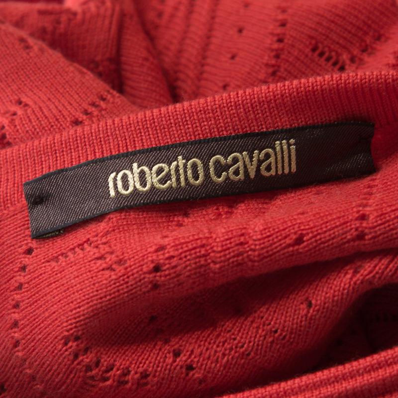 Women's Roberto Cavalli Red Crochet Knit V Neck Godet Dress M For Sale