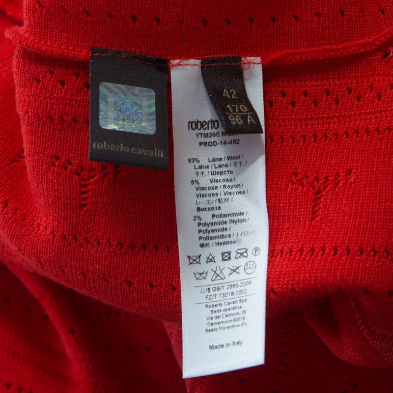 Roberto Cavalli Red Crochet Knit V Neck Godet Dress M For Sale 1