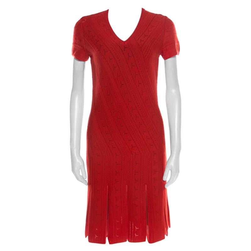 Roberto Cavalli Red Crochet Knit V Neck Godet Dress M