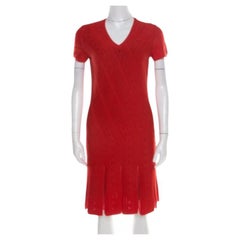Roberto Cavalli Red Crochet Knit V Neck Godet Dress M.
