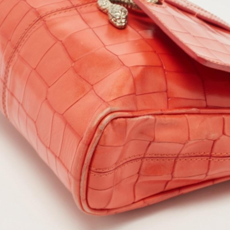 Orange Roberto Cavalli Red Crocodile Embossed Leather Serpenti Flap Chain Bag