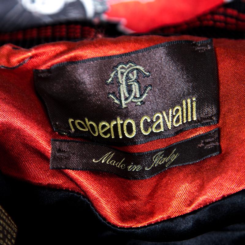 Black Roberto Cavalli Red Floral and Snake Printed Satin Bomber Jacket S